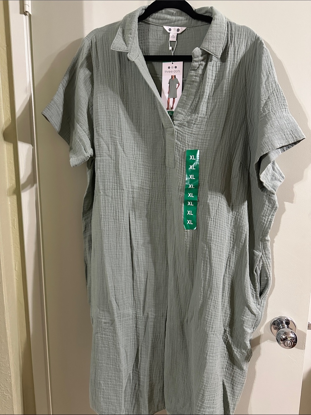 Three Dots Sage Green Gauze Collared Shirt Dress